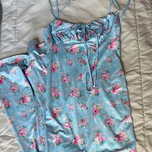 Source Unknown Sky Blue Floral Satin Maxi Dress